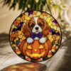 Personalized Suncatcher Stained Glass Puppy In Pumpkin Halloween Gift For Dog Lovers, Window Hanging - Style 4