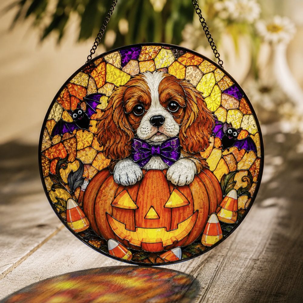 Personalized Suncatcher Stained Glass Puppy In Pumpkin Halloween Gift For Dog Lovers, Window Hanging - Style 4