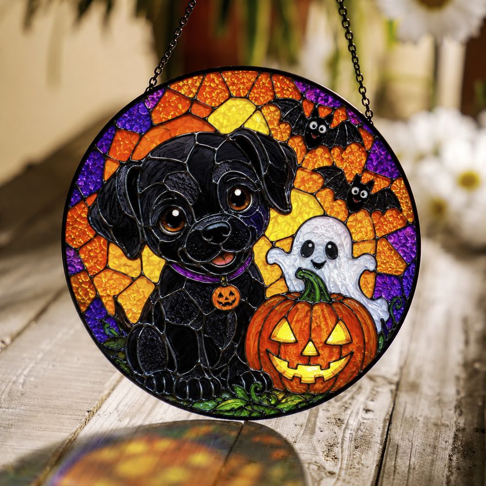 Personalized Suncatcher Stained Glass Puppy In Pumpkin Halloween Gift For Dog Lovers, Window Hanging - Style 5
