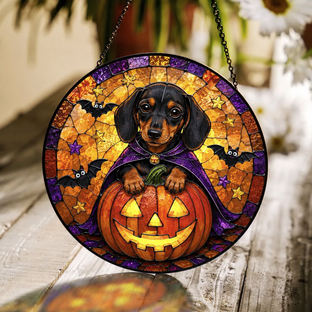 Personalized Suncatcher Stained Glass Puppy In Pumpkin Halloween Gift For Dog Lovers, Window Hanging - Style 9
