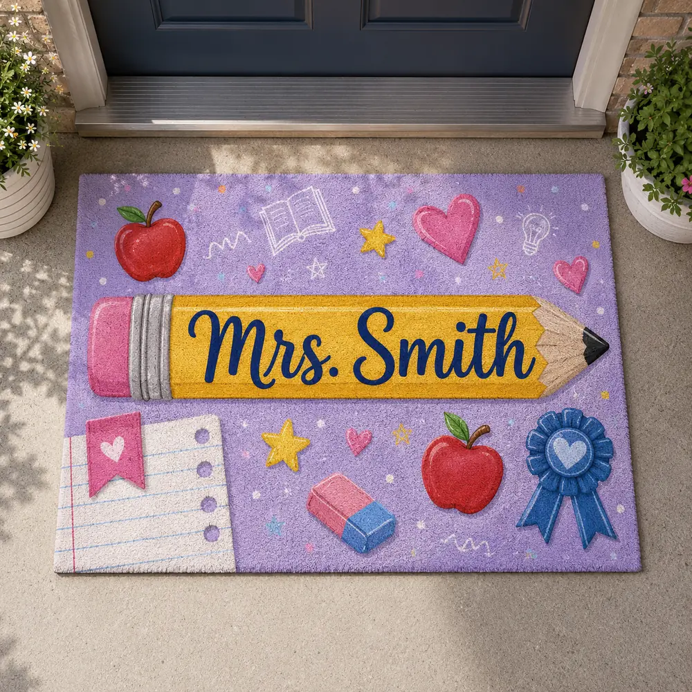 Personalized Teacher Classroom Doormat, Back To School Entry Rug, Pencil Design, Classroom Decor, Teacher Appreciation Gift - Style 6