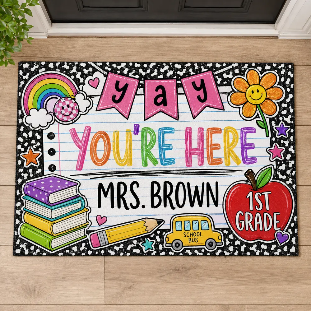 Personalized Teacher Classroom Doormat, Composition Notebook Classroom Decor, Teacher Appreciation Gift, Groovy Doormat, Back To School Sign - Style 1
