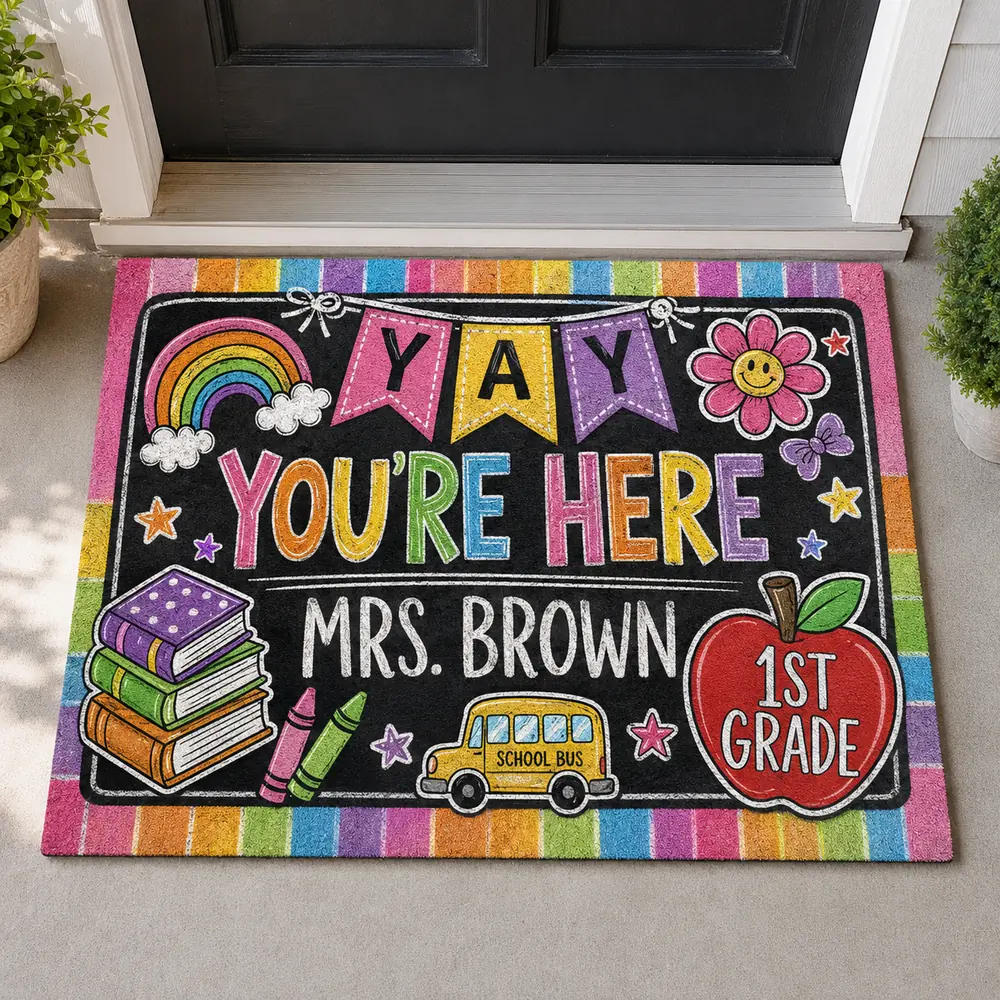 Personalized Teacher Classroom Doormat, Composition Notebook Classroom Decor, Teacher Appreciation Gift, Groovy Doormat, Back To School Sign - Style 10