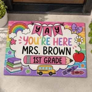 Personalized Teacher Classroom Doormat, Composition Notebook Classroom Decor, Teacher Appreciation Gift, Groovy Doormat, Back To School Sign - Style 2