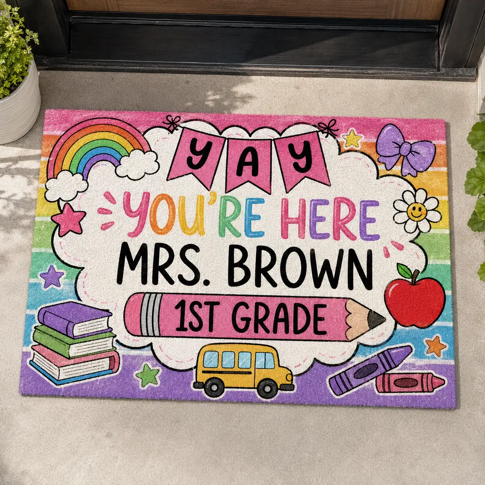 Personalized Teacher Classroom Doormat, Composition Notebook Classroom Decor, Teacher Appreciation Gift, Groovy Doormat, Back To School Sign - Style 2