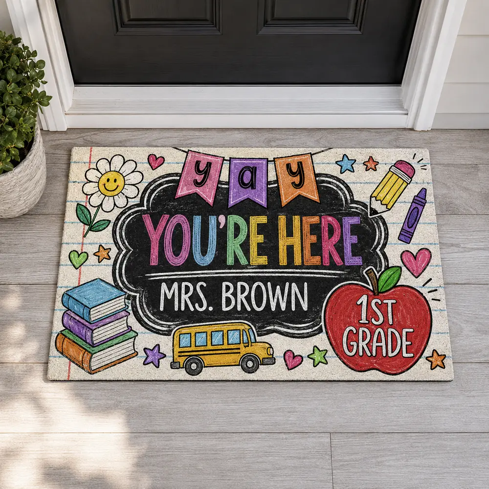 Personalized Teacher Classroom Doormat, Composition Notebook Classroom Decor, Teacher Appreciation Gift, Groovy Doormat, Back To School Sign - Style 3