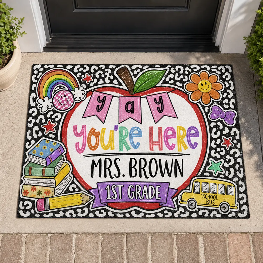Personalized Teacher Classroom Doormat, Composition Notebook Classroom Decor, Teacher Appreciation Gift, Groovy Doormat, Back To School Sign - Style 5