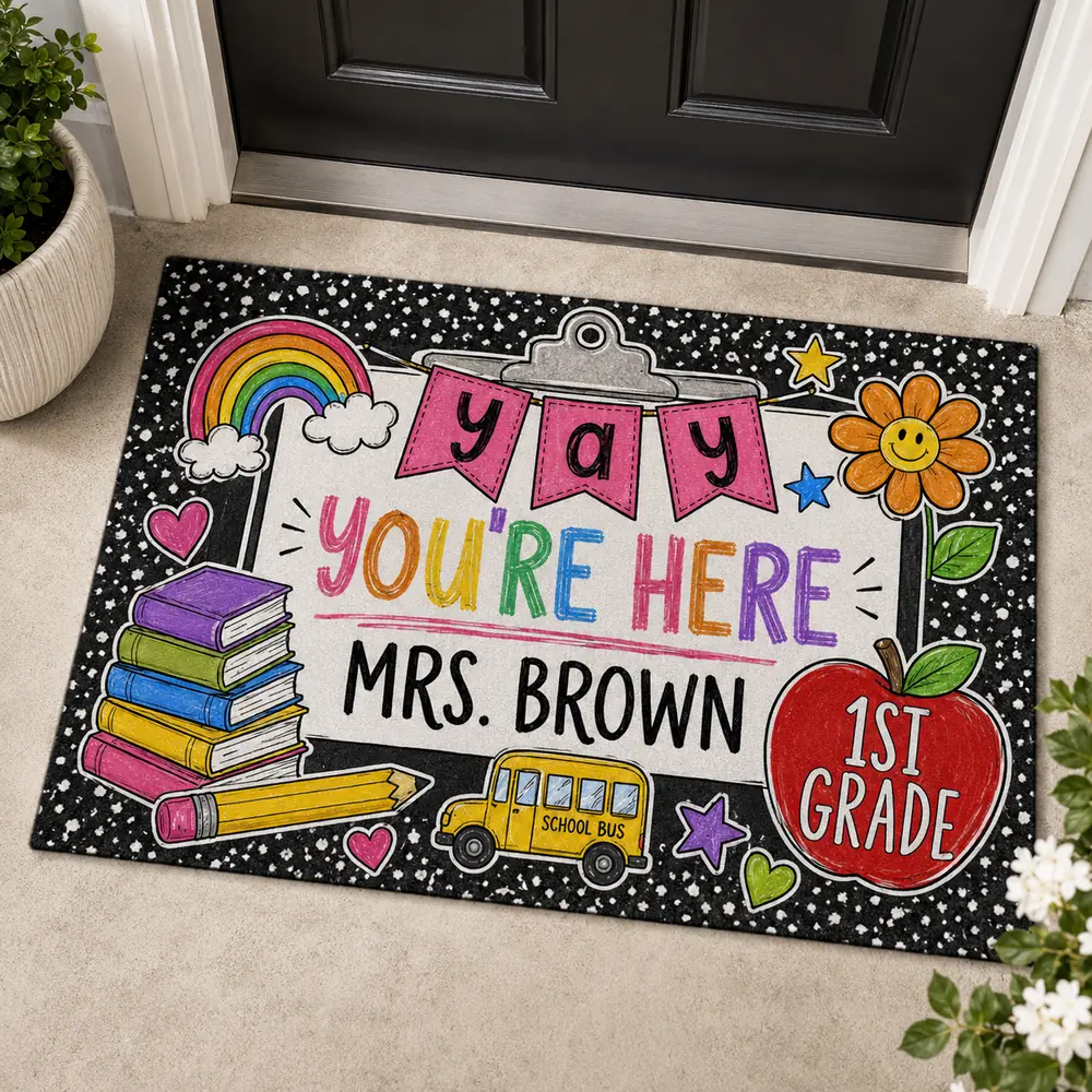 Personalized Teacher Classroom Doormat, Composition Notebook Classroom Decor, Teacher Appreciation Gift, Groovy Doormat, Back To School Sign - Style 6