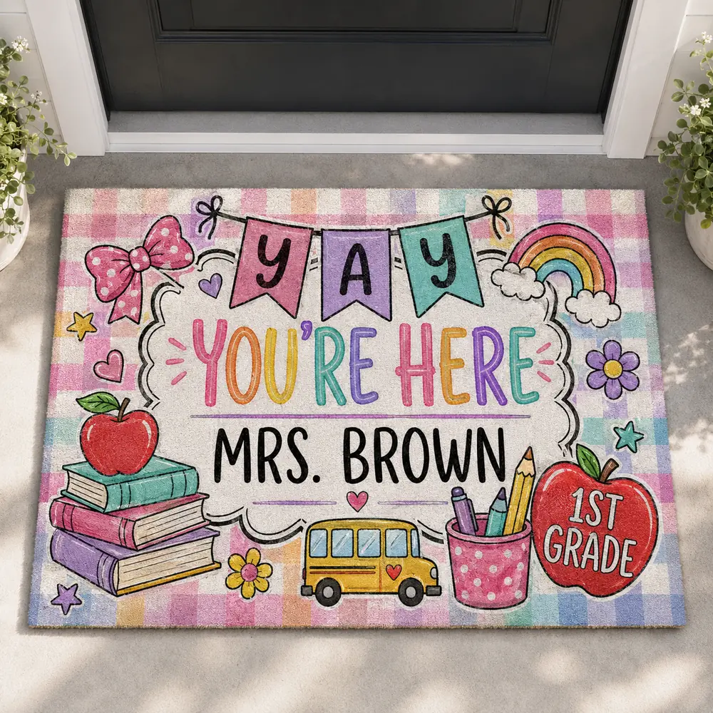 Personalized Teacher Classroom Doormat, Composition Notebook Classroom Decor, Teacher Appreciation Gift, Groovy Doormat, Back To School Sign - Style 7
