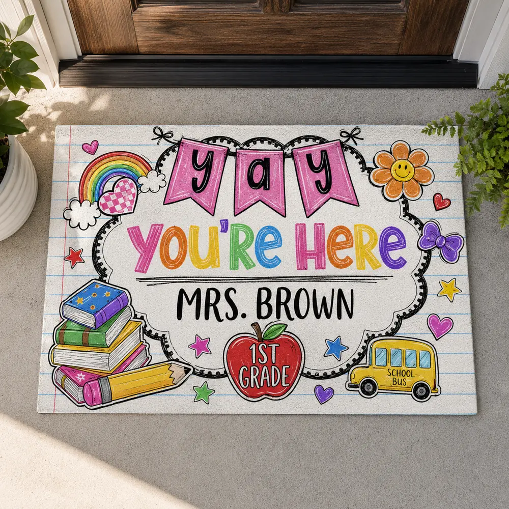 Personalized Teacher Classroom Doormat, Composition Notebook Classroom Decor, Teacher Appreciation Gift, Groovy Doormat, Back To School Sign - Style 8