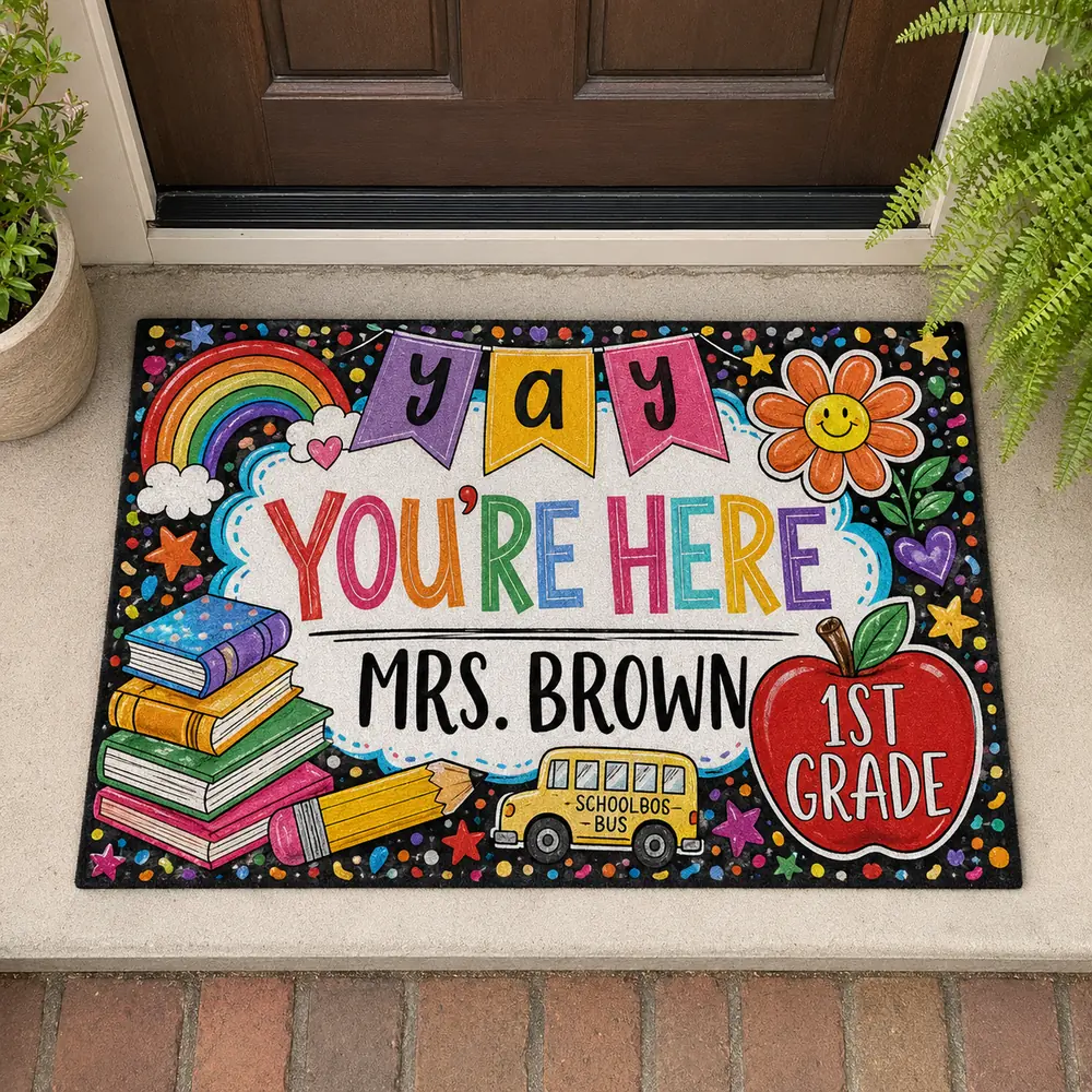 Personalized Teacher Classroom Doormat, Composition Notebook Classroom Decor, Teacher Appreciation Gift, Groovy Doormat, Back To School Sign - Style 9