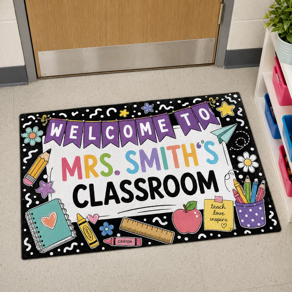 Personalized Teacher Classroom Welcome Doormat, Custom Name Rug, School Decor, Teacher Appreciation Gift - Style 1