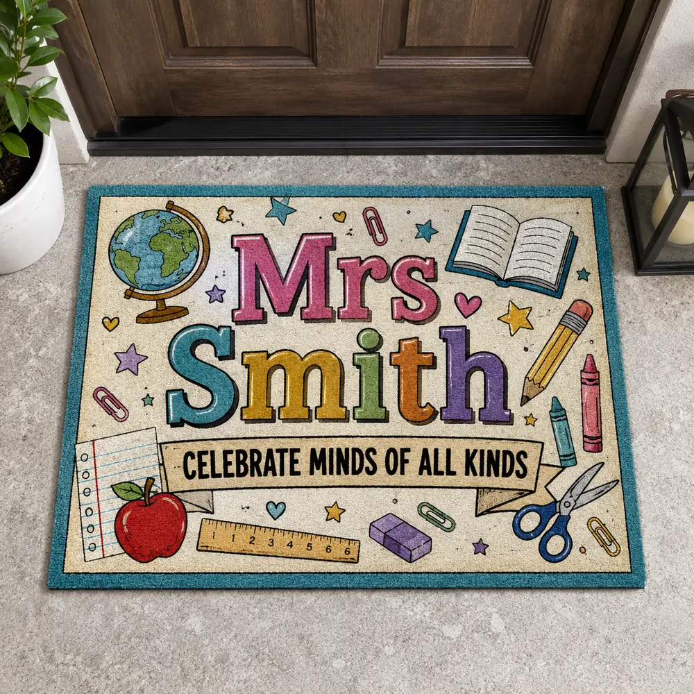 Personalized Teacher Doormat, Custom Name Classroom Welcome Mat, Back To School Gift, Cute School Decor, Teacher Appreciation Gift - Style 1