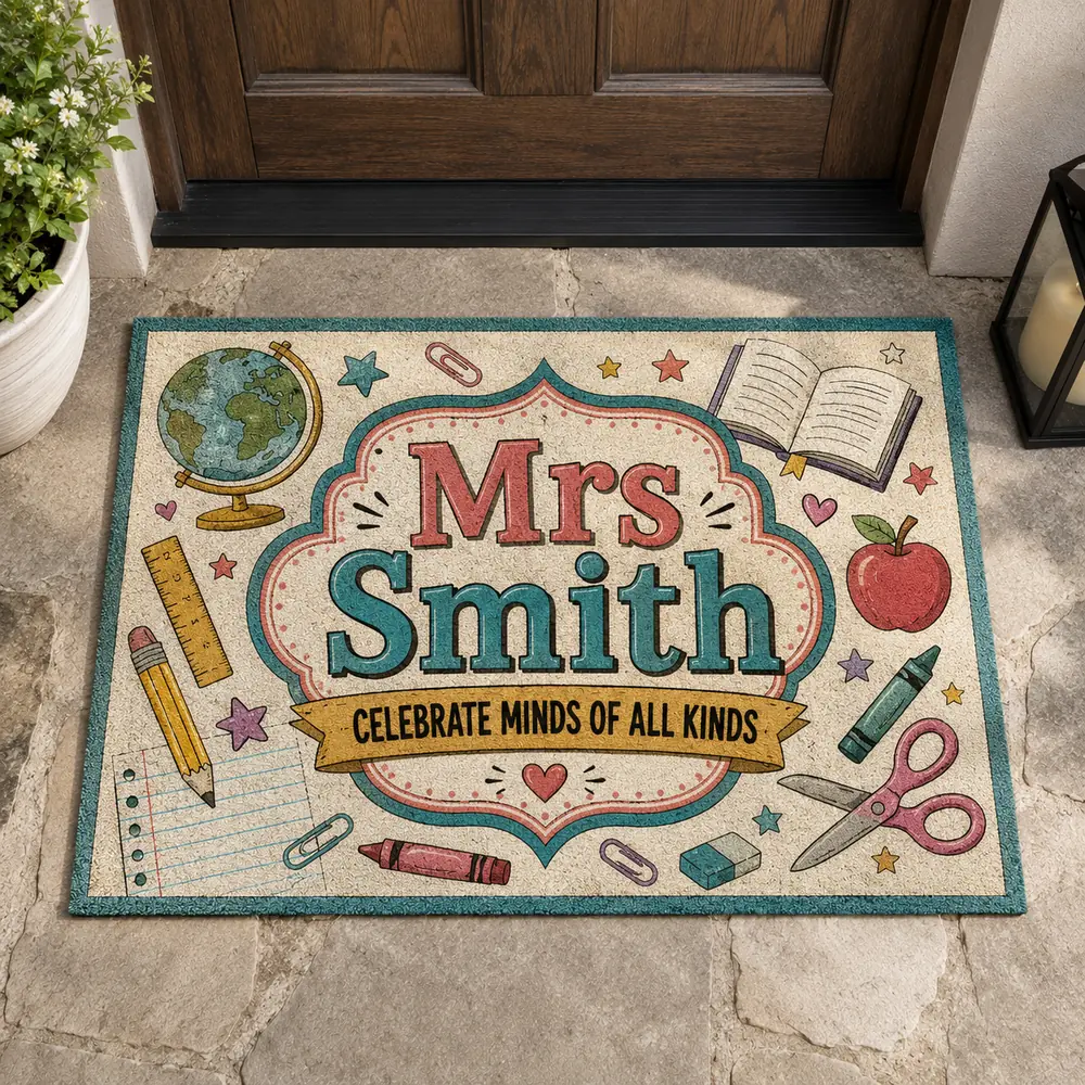 Personalized Teacher Doormat, Custom Name Classroom Welcome Mat, Back To School Gift, Cute School Decor, Teacher Appreciation Gift - Style 10