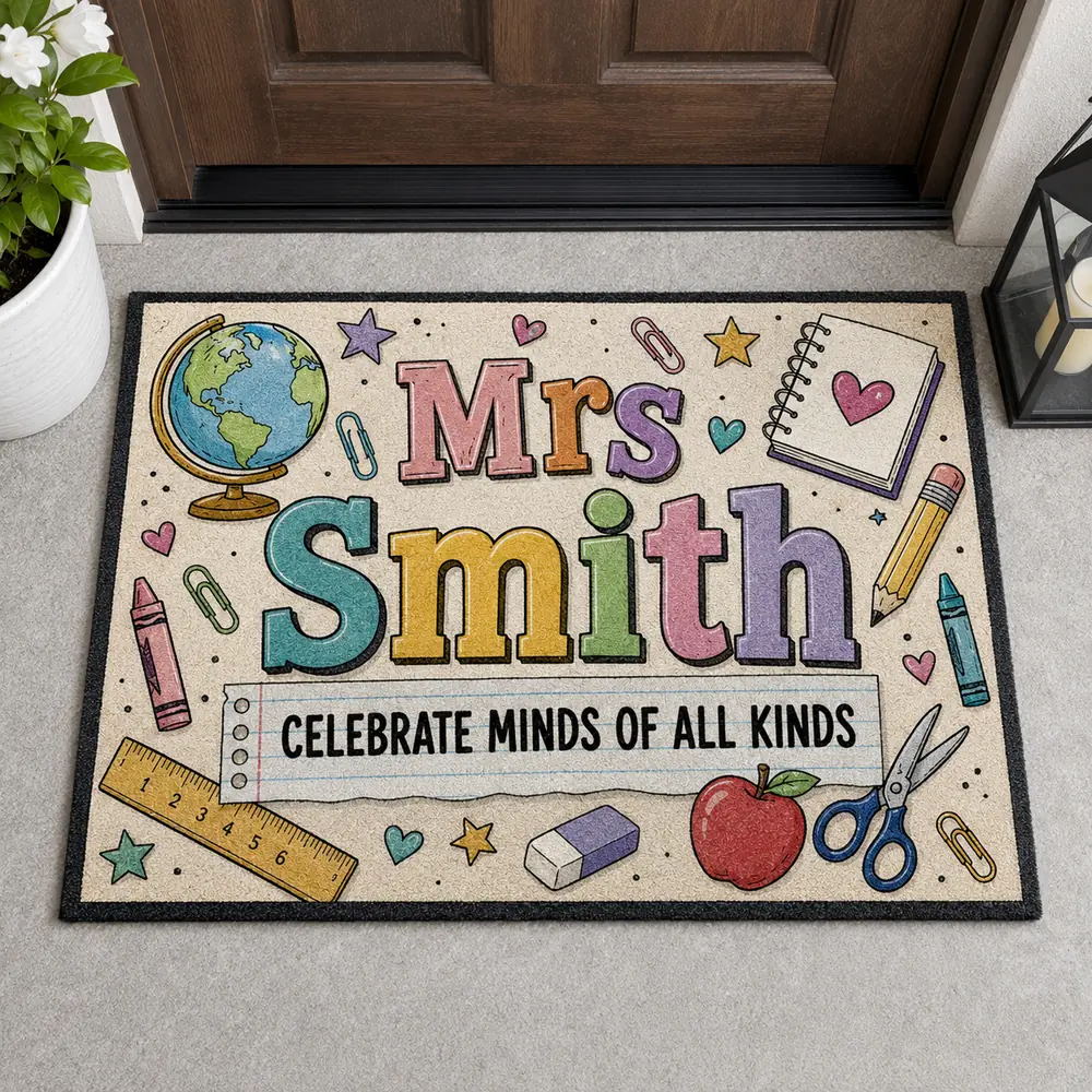 Personalized Teacher Doormat, Custom Name Classroom Welcome Mat, Back To School Gift, Cute School Decor, Teacher Appreciation Gift - Style 7