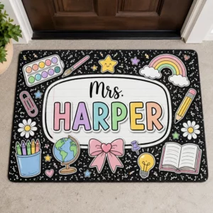 Personalized Teacher Doormat, Pencil Classroom Sign, Custom School Door Decor, Teacher Appreciation Gift - Style 1