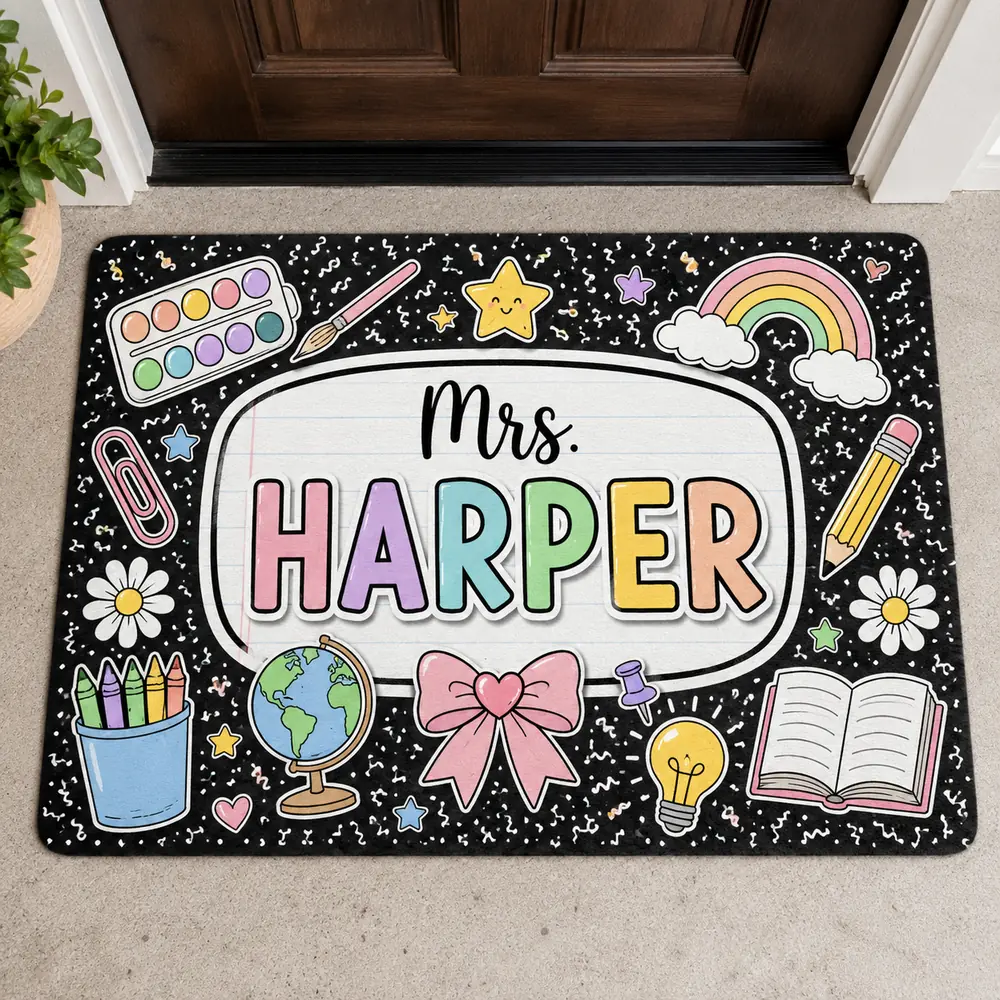 Personalized Teacher Doormat, Pencil Classroom Sign, Custom School Door Decor, Teacher Appreciation Gift - Style 1