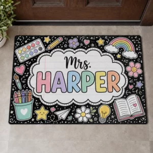 Personalized Teacher Doormat, Pencil Classroom Sign, Custom School Door Decor, Teacher Appreciation Gift - Style 2