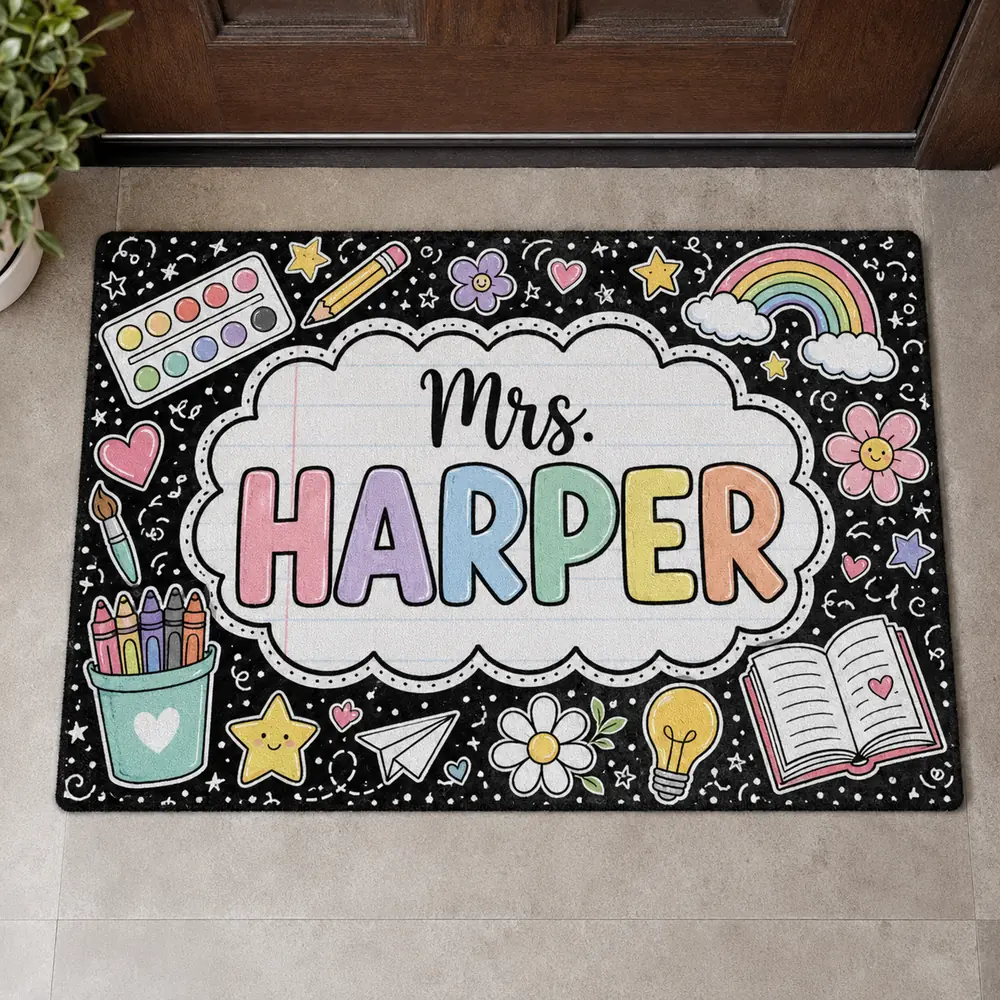 Personalized Teacher Doormat, Pencil Classroom Sign, Custom School Door Decor, Teacher Appreciation Gift - Style 2