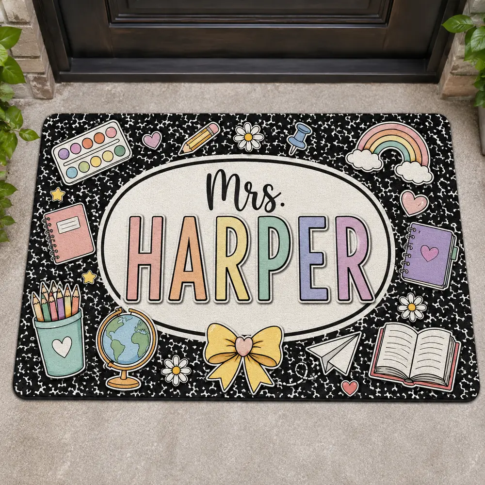 Personalized Teacher Doormat, Pencil Classroom Sign, Custom School Door Decor, Teacher Appreciation Gift - Style 3
