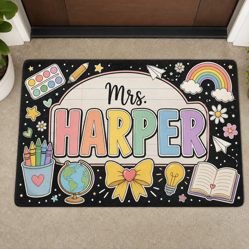 Personalized Teacher Doormat, Pencil Classroom Sign, Custom School Door Decor, Teacher Appreciation Gift - Style 4
