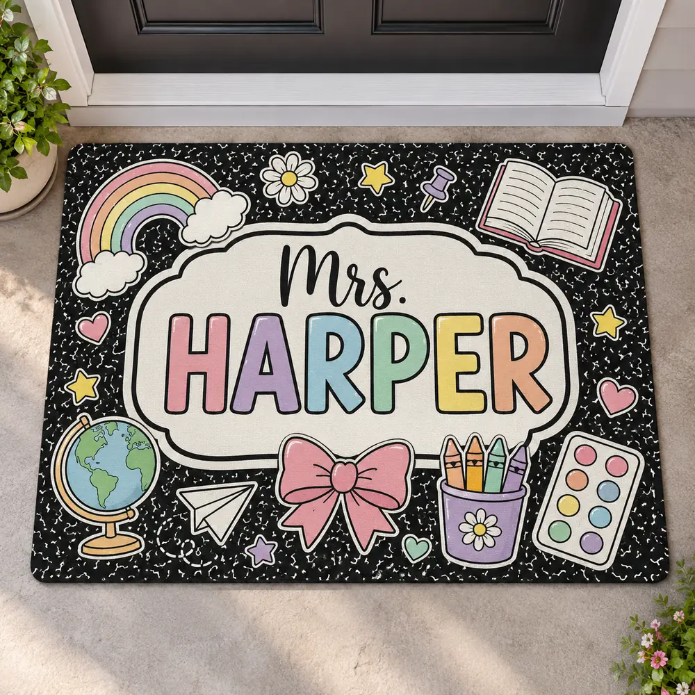 Personalized Teacher Doormat, Pencil Classroom Sign, Custom School Door Decor, Teacher Appreciation Gift - Style 5