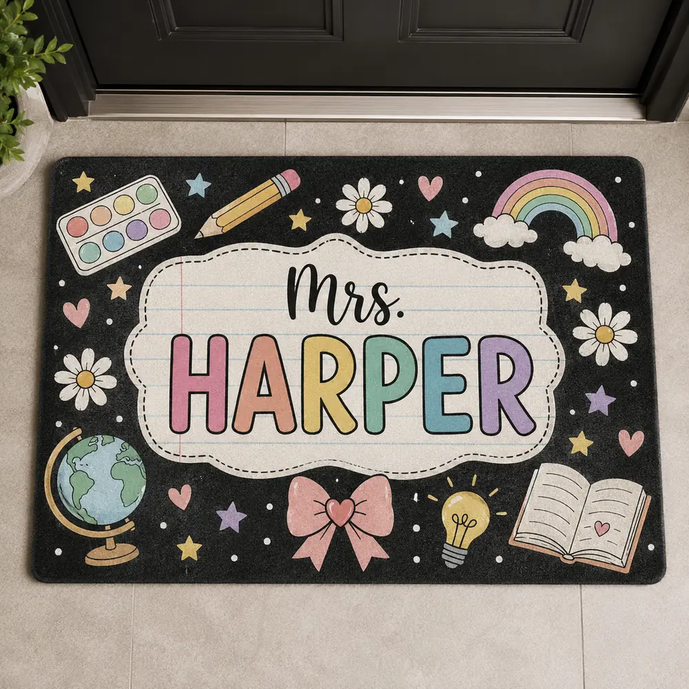 Personalized Teacher Doormat, Pencil Classroom Sign, Custom School Door Decor, Teacher Appreciation Gift - Style 6