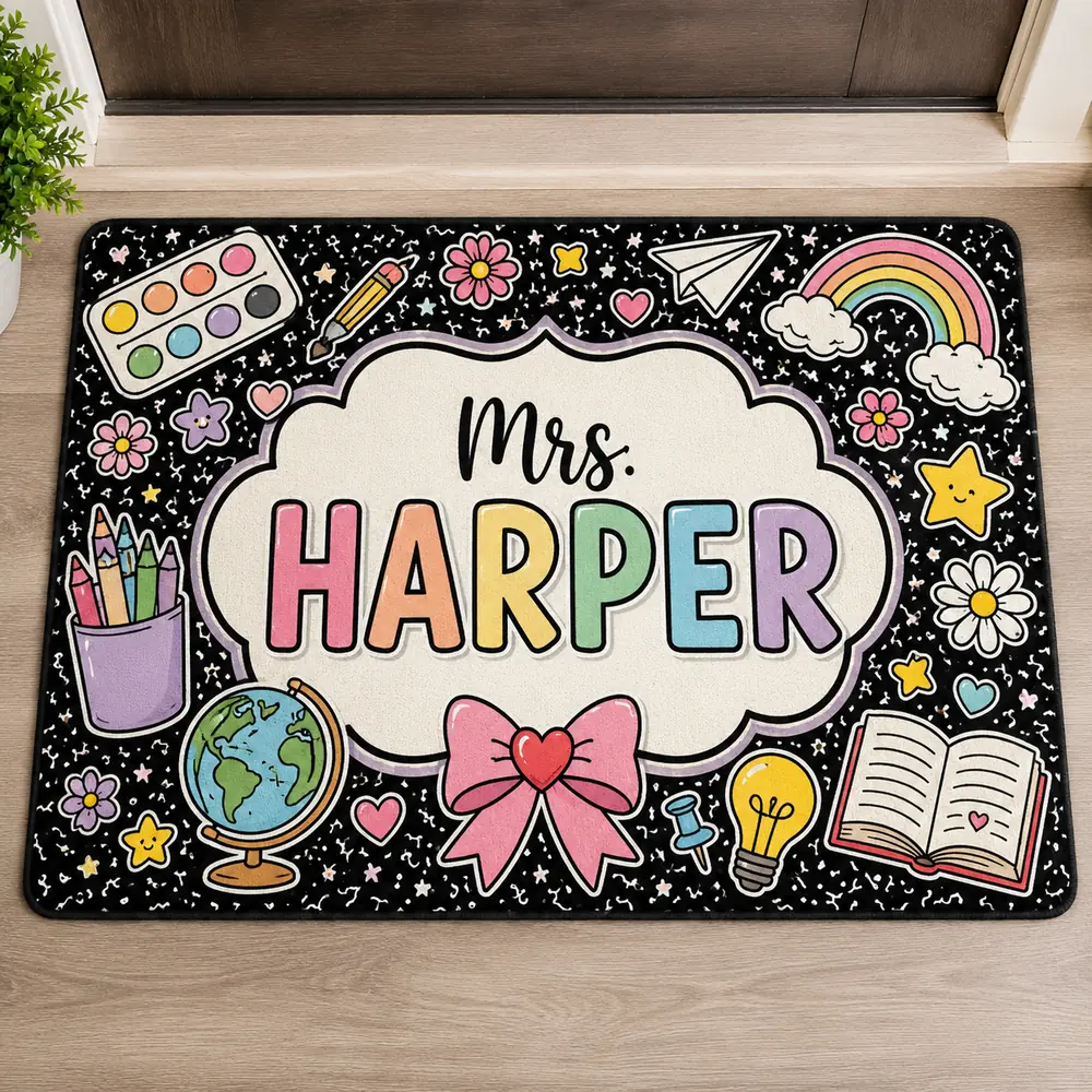 Personalized Teacher Doormat, Pencil Classroom Sign, Custom School Door Decor, Teacher Appreciation Gift - Style 7