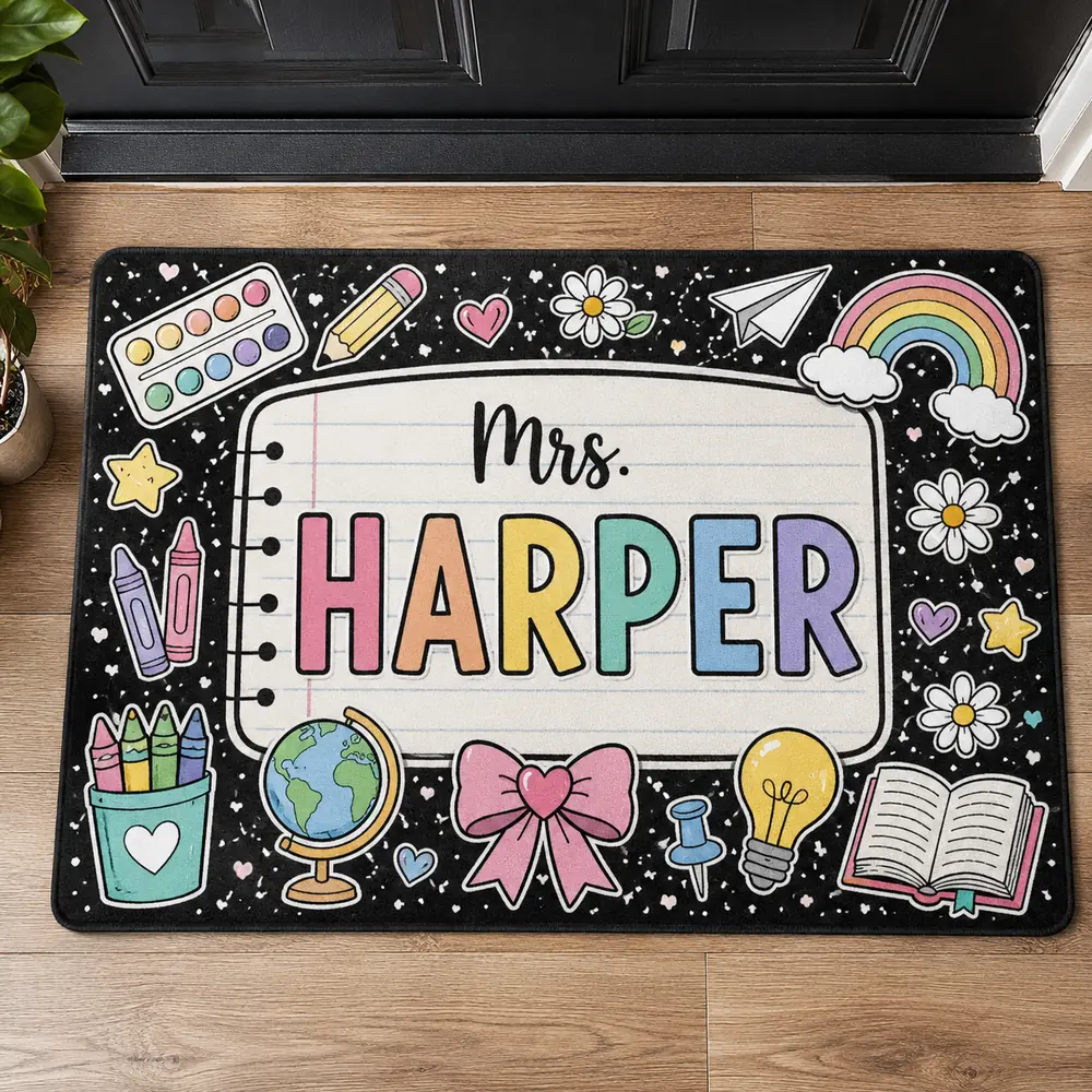 Personalized Teacher Doormat, Pencil Classroom Sign, Custom School Door Decor, Teacher Appreciation Gift - Style 8