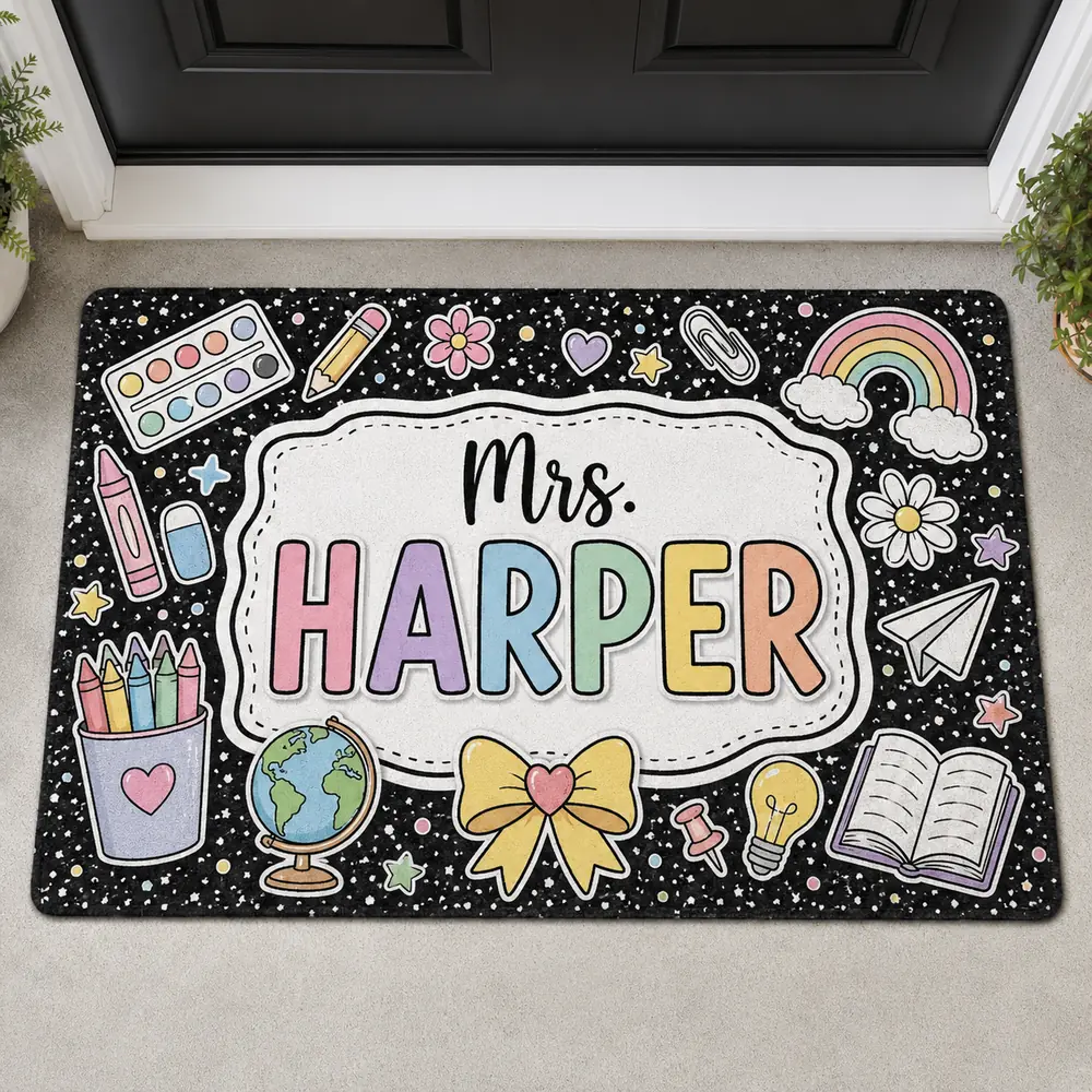 Personalized Teacher Doormat, Pencil Classroom Sign, Custom School Door Decor, Teacher Appreciation Gift - Style 9