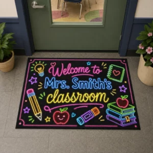Personalized Teacher Name Neon Classroom Welcome Doormat, Custom Name Back To School Door Mat, Gift For Teacher, Classroom Decor - Style 1