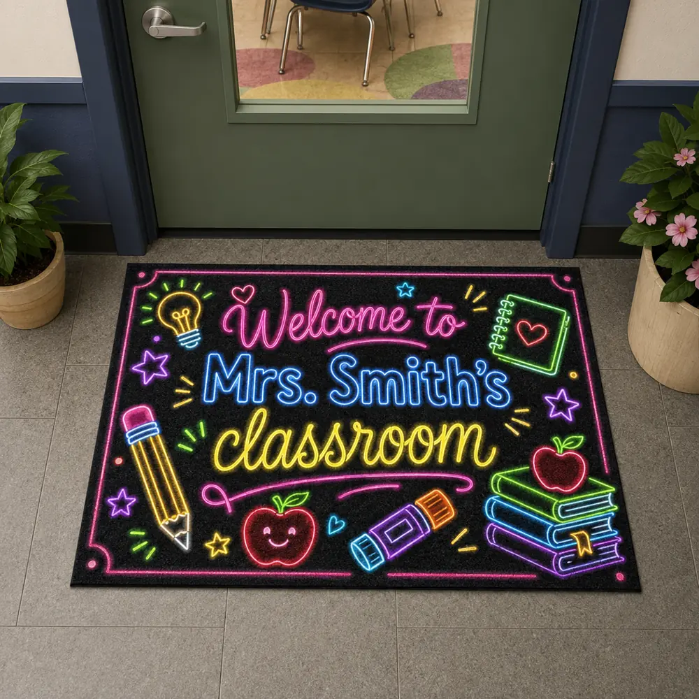 Personalized Teacher Name Neon Classroom Welcome Doormat, Custom Name Back To School Door Mat, Gift For Teacher, Classroom Decor - Style 1