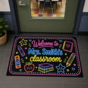 Personalized Teacher Name Neon Classroom Welcome Doormat, Custom Name Back To School Door Mat, Gift For Teacher, Classroom Decor - Style 2
