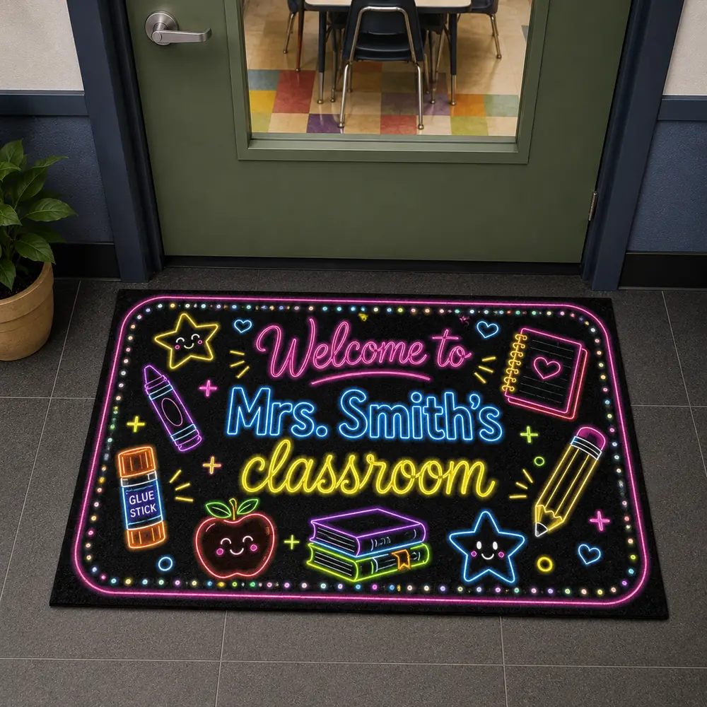 Personalized Teacher Name Neon Classroom Welcome Doormat, Custom Name Back To School Door Mat, Gift For Teacher, Classroom Decor - Style 2