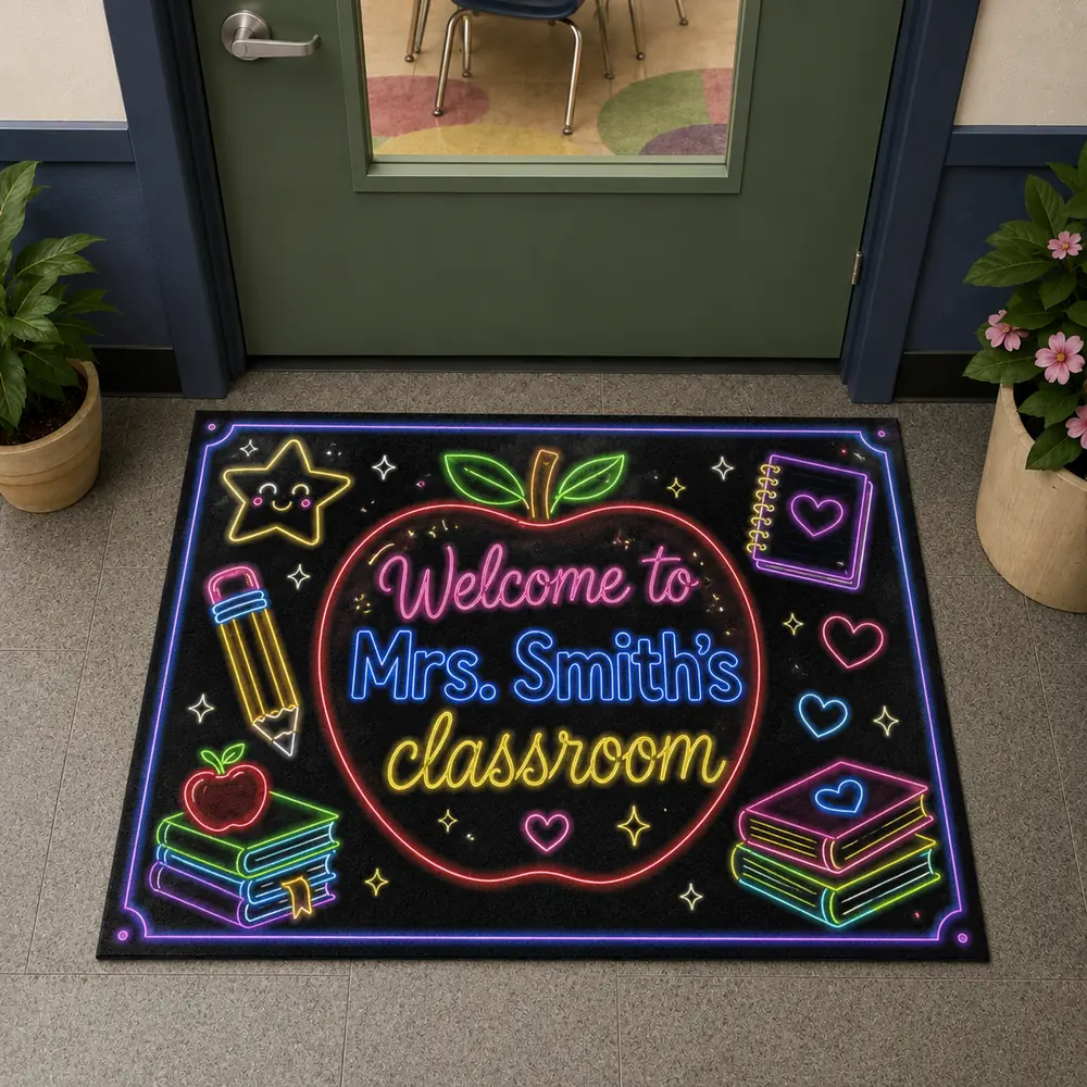 Personalized Teacher Name Neon Classroom Welcome Doormat, Custom Name Back To School Door Mat, Gift For Teacher, Classroom Decor - Style 4