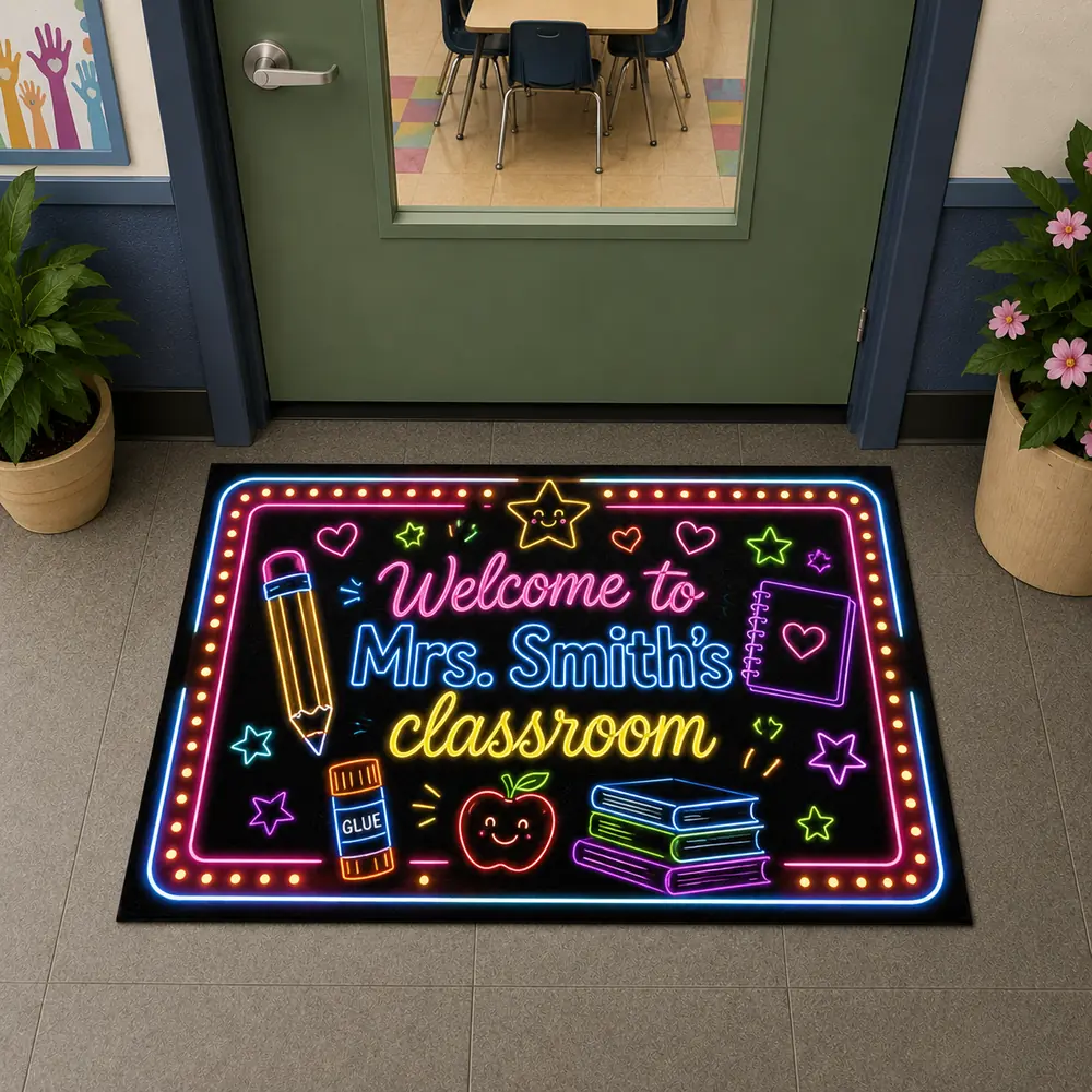Personalized Teacher Name Neon Classroom Welcome Doormat, Custom Name Back To School Door Mat, Gift For Teacher, Classroom Decor - Style 6