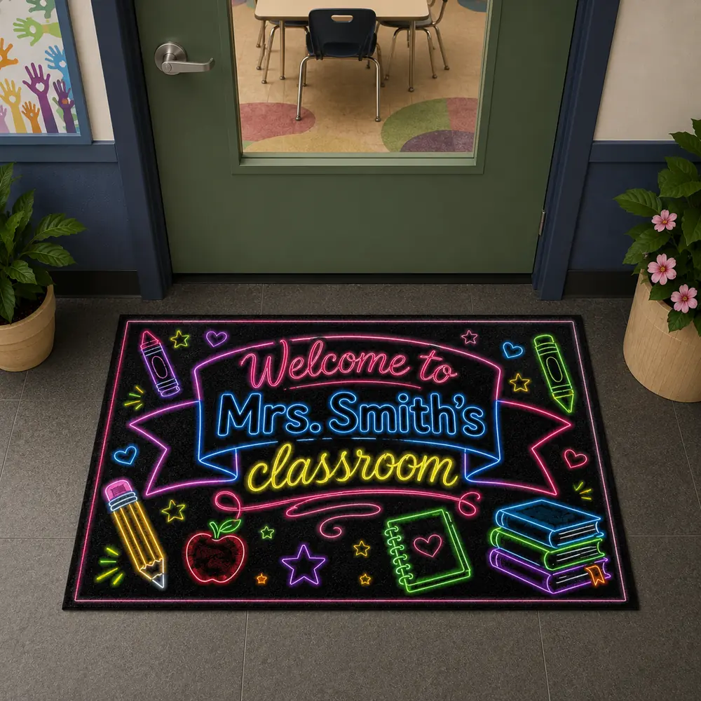 Personalized Teacher Name Neon Classroom Welcome Doormat, Custom Name Back To School Door Mat, Gift For Teacher, Classroom Decor - Style 7