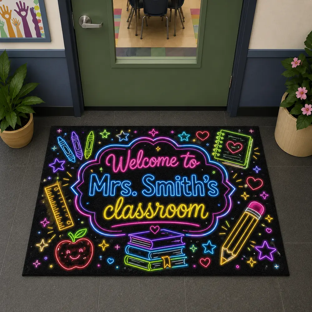 Personalized Teacher Name Neon Classroom Welcome Doormat, Custom Name Back To School Door Mat, Gift For Teacher, Classroom Decor - Style 8