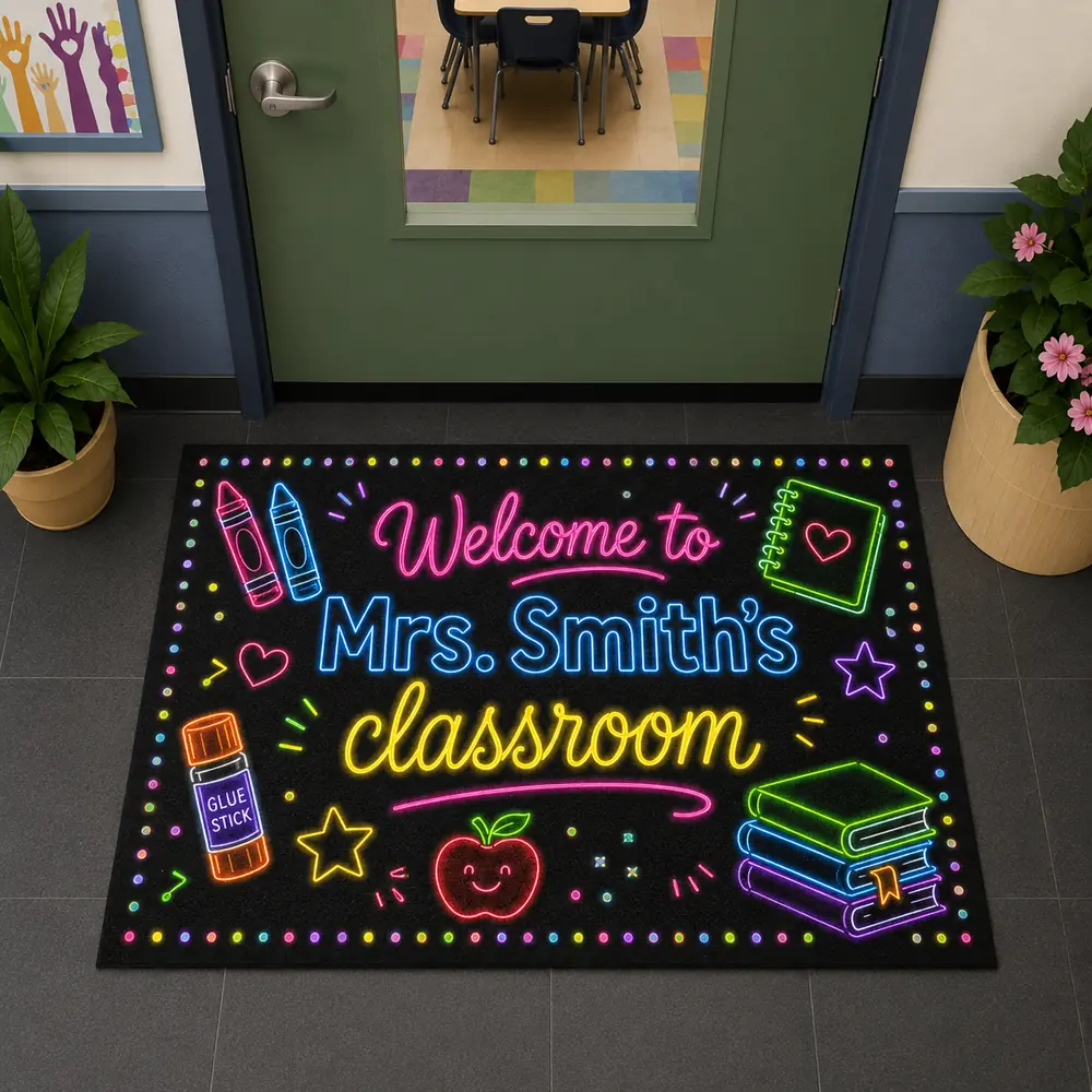 Personalized Teacher Name Neon Classroom Welcome Doormat, Custom Name Back To School Door Mat, Gift For Teacher, Classroom Decor - Style 9