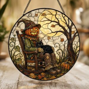 Pumpkin Head Scarecrow Black Cat Stained Glass Suncatcher Halloween Window Gift Decor - Style 1