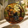 Pumpkin Head Scarecrow Black Cat Stained Glass Suncatcher Halloween Window Gift Decor - Style 2