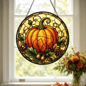 Pumpkin Stained Glass Art Suncatcher, Window Sun Catcher Wall Hanging, Halloween Home Decor - Style 1