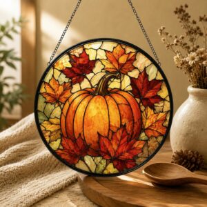 Pumpkin Stained Glass Suncatcher, Halloween Suncatcher,Fall Window Hanging Decor,Autumn Leaves Sun Catcher,Rustic Harvest,Thanksgiving - Style 1