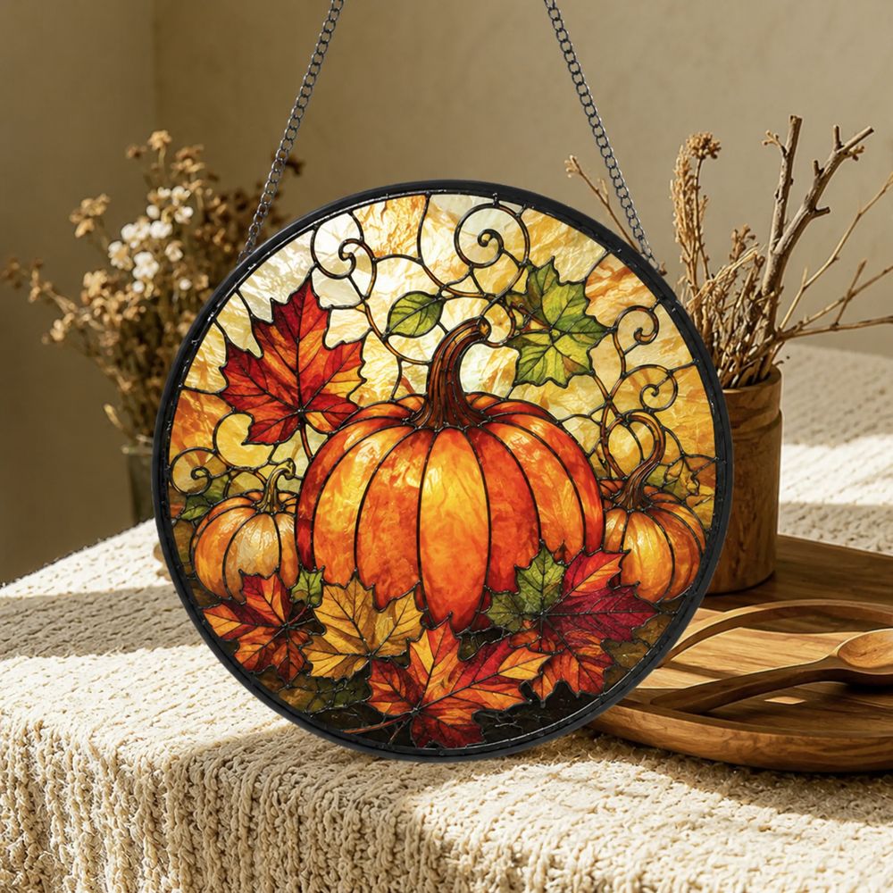 Pumpkin Stained Glass Suncatcher, Halloween Suncatcher,Fall Window Hanging Decor,Autumn Leaves Sun Catcher,Rustic Harvest,Thanksgiving - Style 10