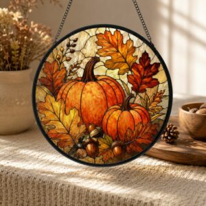 Pumpkin Stained Glass Suncatcher, Halloween Suncatcher,Fall Window Hanging Decor,Autumn Leaves Sun Catcher,Rustic Harvest,Thanksgiving - Style 2