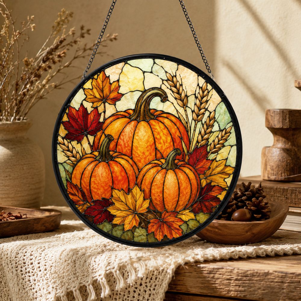 Pumpkin Stained Glass Suncatcher, Halloween Suncatcher,Fall Window Hanging Decor,Autumn Leaves Sun Catcher,Rustic Harvest,Thanksgiving - Style 4