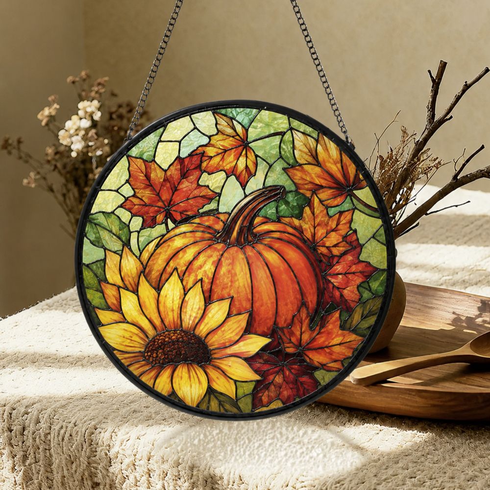 Pumpkin Stained Glass Suncatcher, Halloween Suncatcher,Fall Window Hanging Decor,Autumn Leaves Sun Catcher,Rustic Harvest,Thanksgiving - Style 5
