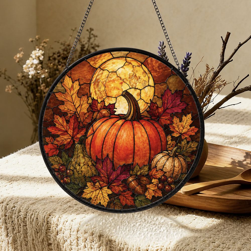 Pumpkin Stained Glass Suncatcher, Halloween Suncatcher,Fall Window Hanging Decor,Autumn Leaves Sun Catcher,Rustic Harvest,Thanksgiving - Style 6