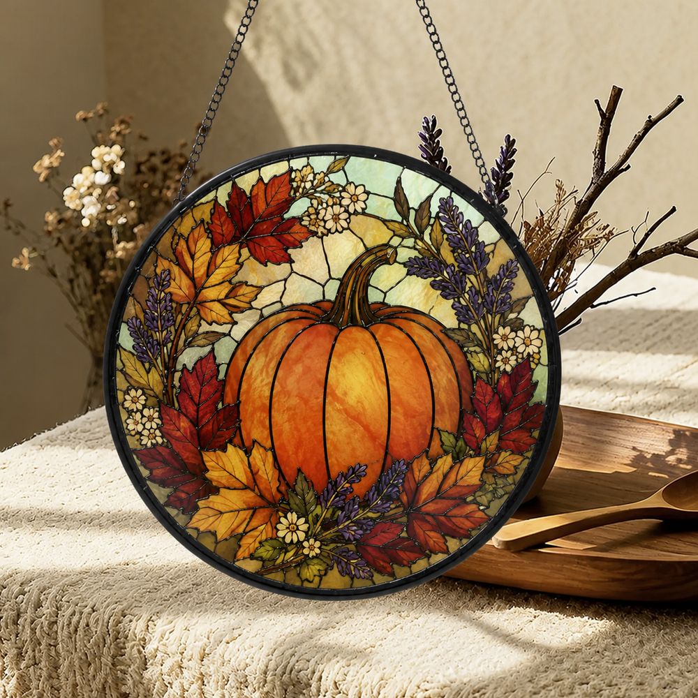 Pumpkin Stained Glass Suncatcher, Halloween Suncatcher,Fall Window Hanging Decor,Autumn Leaves Sun Catcher,Rustic Harvest,Thanksgiving - Style 8