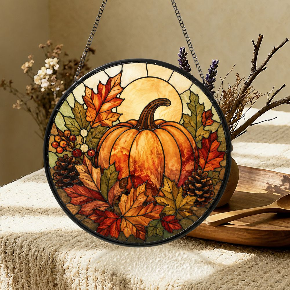 Pumpkin Stained Glass Suncatcher, Halloween Suncatcher,Fall Window Hanging Decor,Autumn Leaves Sun Catcher,Rustic Harvest,Thanksgiving - Style 9